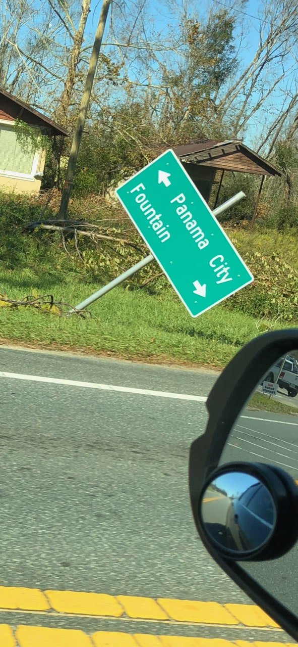 A sign that said Panama city tipped over after Hurricane Michael
